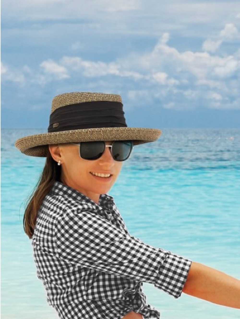 NWOT Sun & Sand Women’s Straw Boater Hat with Black Band: UPF 50+